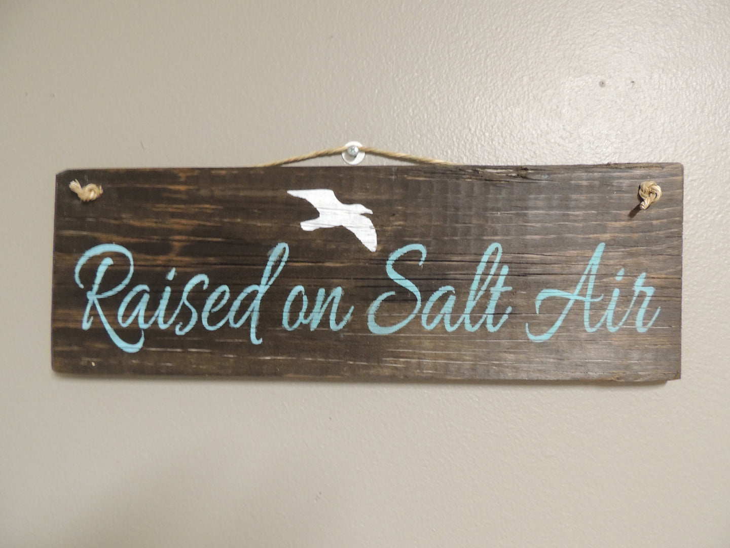 Raised on Salt Air sign in Mahogany stain white seagull and turquoise wording